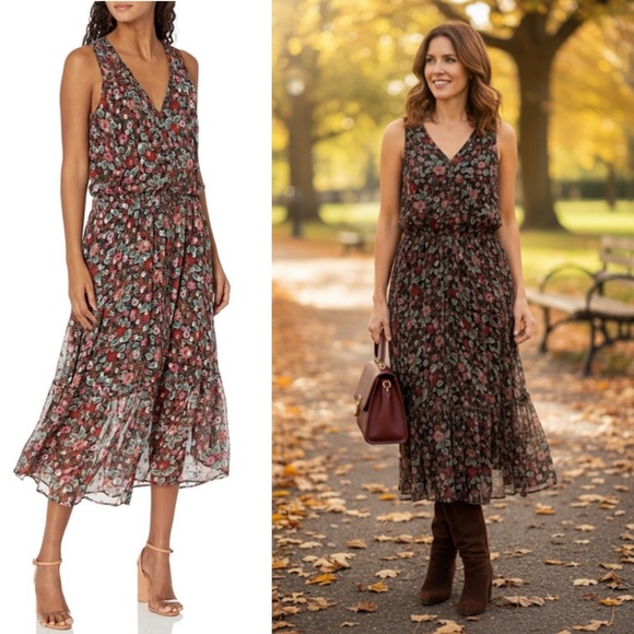 Ramy Brook Leah Silk Floral Ruffle Midi Dress - Picture 1 of 10